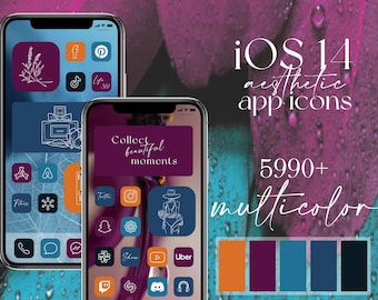 iOS multicolor app icons, pack of blue, violet and orange icons, aesthetic line art widgets, winter bright color iOS app pack