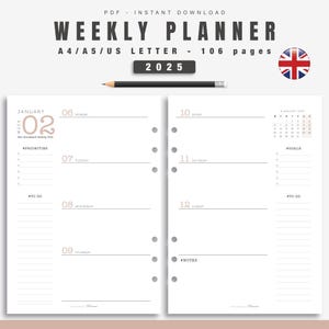 Recambio de agenda beige 2 páginas por semana 2025 - Planificador fechado imprimible en formatos A4, A5 y carta estadounidense - Inserciones de agenda