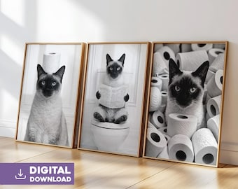 Siamese cat bathroom wall art set of 3 digital download funny cat toilet print