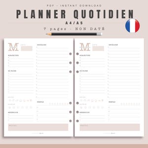 Peut inclure: Modèle de planificateur quotidien imprimable en format A4 ou A5. Le planificateur est non daté et comprend des sections pour les objectifs, la liste des tâches à faire, l'humeur, les repas, l'exercice et les notes. Le planificateur est conçu pour une semaine, avec deux pages affichées, l'une pour le mardi et l'autre pour le mercredi.