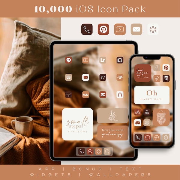 iOS orange and brown app icons, neutral autumn icon pack - aesthetic original homescreen for iPhone and iPad - widgets and wallpapers