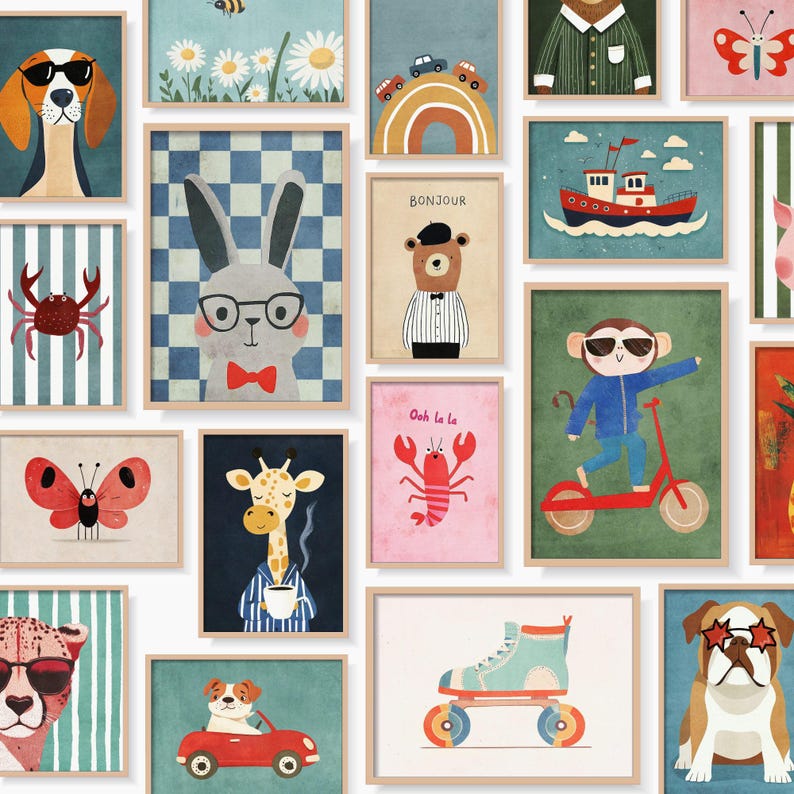 May include: A series of framed art prints with charming animal illustrations. The collection includes a dog in sunglasses, a rabbit wearing glasses and a bow tie, a bear with a beret, and a monkey on a scooter. The prints have a gentle, inviting colour scheme.