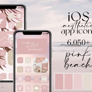 iOS pink beach icon pack, pink summer home screen, aesthetic line art, quotes and picture widgets, wallpapers - boho pink widgets
