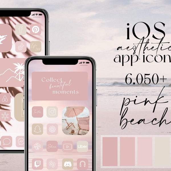 Iconos de iPhone, tema de playa y verano en tonos rosa y beige, widgets, fondos de pantalla e iconos