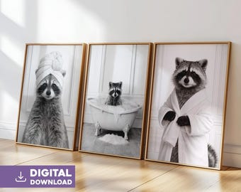 Raccoon posters for the bathroom, black and white humorous animal decor for the home