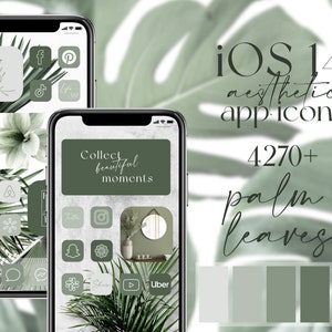 iOS green app icons, pack of 5 different green icons, aesthetic palm leaves widgets, wallpapers, handwriting and alphabet app icons