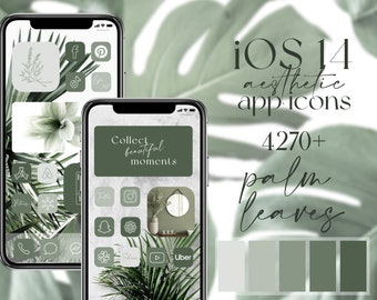 iOS green app icons, pack of 5 different green icons, aesthetic palm leaves widgets, wallpapers, handwriting and alphabet app icons