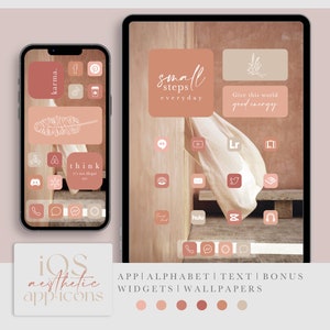 Puede incluir: Un conjunto de iconos de teléfono digital en una estética minimalista con una combinación de colores melocotón y marrón. Los iconos incluyen aplicaciones como Instagram, Pinterest, Twitter y más. El texto "small steps everyday" y "Give this world good energy" también se incluye en la imagen.