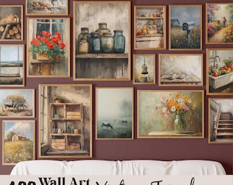 Vintage farmhouse wall art bundle digital — 100 rustic country prints home decor
