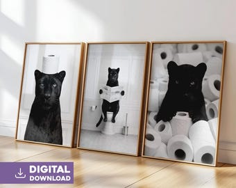 Black panther bathroom wall art set of 3 digital download funny animal toilet print