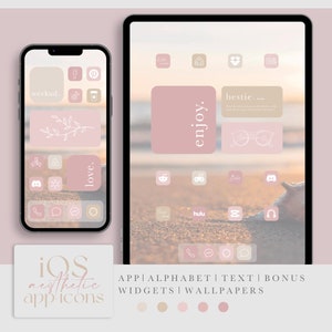 May include: A set of pink and beige aesthetic app icons for iOS devices. The icons feature simple line drawings and text, such as "weeknd." and "love."