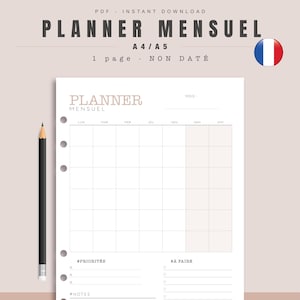 Peut inclure: Une page de planificateur mensuel avec le texte "PLANNER MENSUEL" et une grille pour la planification. Comprend des sections pour les priorités, les tâches et les notes. Un crayon noir est positionné à gauche de la page. Format A4/A5.