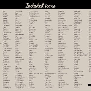 May include: A beige graphic with a list of app icons, including social media, finance, and entertainment. The text "Included icons" is at the top, and "and more!" at the bottom. The icons are for various apps.