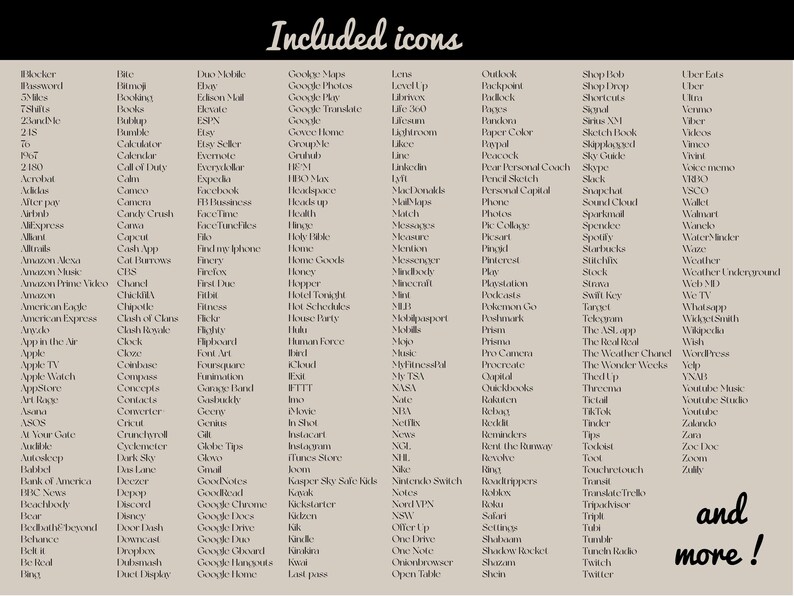 May include: A beige graphic with a list of app icons, including social media, finance, and entertainment. The text "Included icons" is at the top, and "and more!" at the bottom. The icons are for various apps.