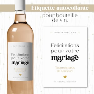 Étiquette bouteille de vin félicitations pour votre mariage, cadeau de fiançailles ou de mariage