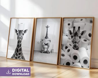 Giraffe bathroom wall art set of 3 digital download funny animal toilet print