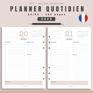 Puede incluir: Un planificador diario de dos páginas con fondo blanco y líneas negras. La parte superior de cada página tiene un calendario para el mes de abril de 2026. La página izquierda está etiquetada como "Lundi" (francés para lunes) y la página derecha está etiquetada como "Mardi" (francés para martes). Cada página tiene secciones para "Horaire" (francés para horario), "Objectifs" (francés para objetivos) y "Notes".