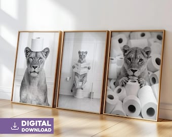 Lioness bathroom wall art set of 3 digital download funny animal toilet print