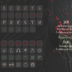 May include: Digital design elements featuring alphabet and bonus icons in various colors and fonts. The image includes 260 alphabet icons in 2 fonts and 5 colors, plus 500 bonus icons in 5 colors. The design has a dark background with decorative elements.