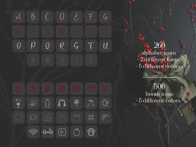 May include: Digital design elements featuring alphabet and bonus icons in various colors and fonts. The image includes 260 alphabet icons in 2 fonts and 5 colors, plus 500 bonus icons in 5 colors. The design has a dark background with decorative elements.