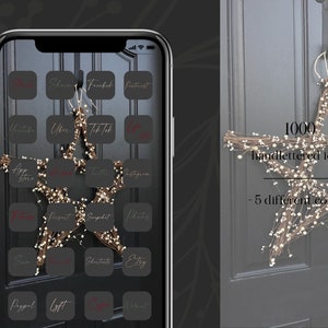 May include: A smartphone screen displays app icons with handwritten text, including social media and shopping apps. A star-shaped wreath with white berries hangs on a black door, with text indicating 1000 hand-lettered icons in 5 colors.