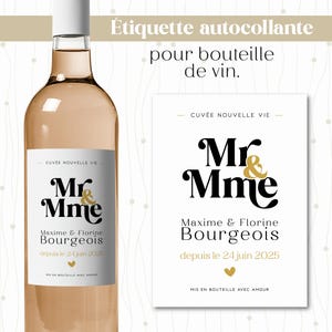 Étiquette bouteille de vin personnalisée Mr et Mme pour mariage, cadeau de fiançailles ou de mariage