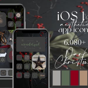 May include: Two smartphones displaying dark Christmas-themed app icons. The screens feature a variety of icons in dark gray and red, with text that reads "iOS 14 aesthetic app icons" and "Dark Christmas". A color palette is shown at the bottom.