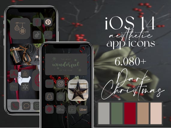 iOS icônes de Noël sombres, widgets, fonds d'écran thème de fêtes gris foncé