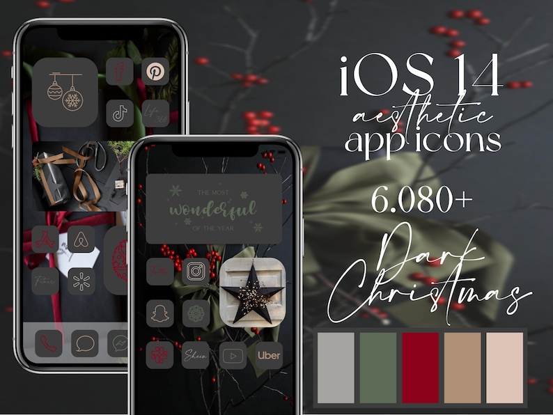 May include: Two smartphones displaying dark Christmas-themed app icons. The screens feature a variety of icons in dark gray and red, with text that reads "iOS 14 aesthetic app icons" and "Dark Christmas". A color palette is shown at the bottom.