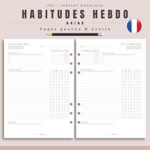Peut inclure: Une page de planificateur imprimable pour suivre les habitudes. La page est divisée en deux sections, chacune avec une grille de calendrier, un espace pour les objectifs, une section pour les habitudes et une section pour les notes. La page est conçue pour du papier A4 ou A5.