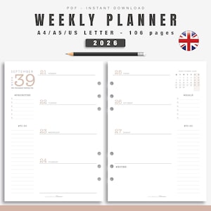 May include: A weekly planner with a calendar for September 2026. The planner has a white background with black text and gray lines. The planner is divided into two columns, one for each week. The left column has a section for priorities, to do, and notes. The right column has a section for goals and to do. The planner is designed for A4, A5, or US Letter paper sizes.
