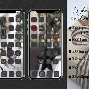 May include: Two smartphones displaying custom app icons in dark gray, red, and beige. The icons represent various apps. The image also includes a list of included items: 2000 app icons, 1000 hand-lettered icons, 500 bonus icons, 530 widgets, 260 alphabet icons, and 20 wallpapers.