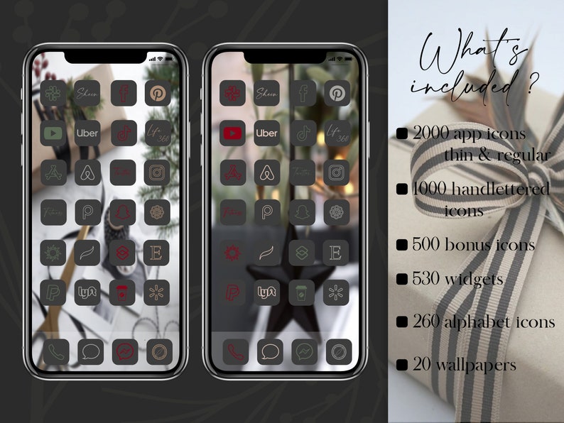 May include: Two smartphones displaying custom app icons in dark gray, red, and beige. The icons represent various apps. The image also includes a list of included items: 2000 app icons, 1000 hand-lettered icons, 500 bonus icons, 530 widgets, 260 alphabet icons, and 20 wallpapers.