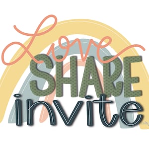 May include: A colorful rainbow graphic with the text "Love Share Invite" in a stylized font.