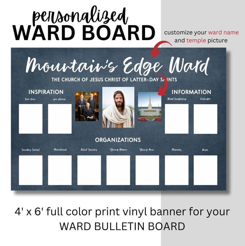Personalized Ward Bulletin Board for LDS ward buildings. 4'x6' banner with areas to pin information, inspiration and resources for organizations.