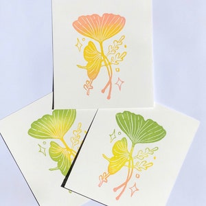 Mini Ginkgo Grün, Gelb, Pink - Handgedruckte Linoldrucke - Original Linoldruck - handgeschnitzt
