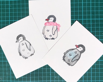 Grabado en linóleo de pingüino, arte animal en miniatura tallado a mano (4x5 pulgadas)