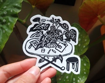 Decorative Sticker l Linocut Plant Sticker: "Come Sit & Draw" Whimsy Nature Vinyl Decal