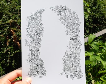 Original Illustrated Line Art Print - Black and White - Plants and Nature illustration - Detailed
