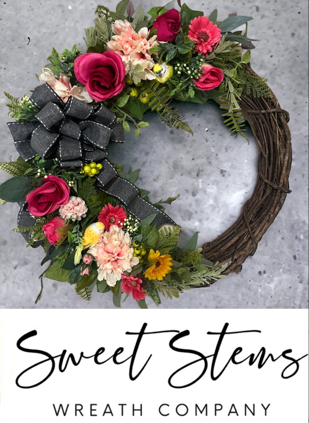 Mixed Floral Grapevine Wreath, Colorful Wreath, Hot Pink Floral Wreath ...