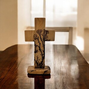 Handcrafted Olive Wood Table Cross with Pyrography Design – Unique Religious Art