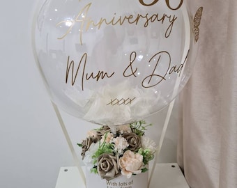 Personalised balloons for Happy Birthday, baby shower, graduation, valentines hot air balloon bouquet with artificial flowers