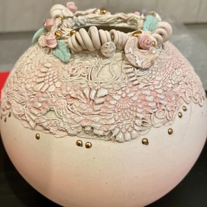 Studio Pottery Pink 3D Art Vase, Artist Signed Floral Lace Embellishments - Unique