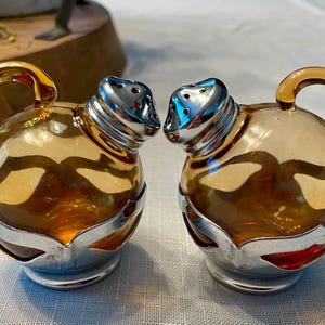 Vintage Farber Brothers Amber Glass and Chrome Salt and Pepper Shakers