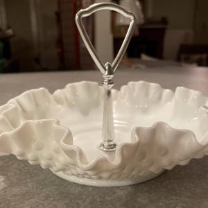Vintage Fenton Milk Glass Hobnail Candy/Nut Dish with Silver Handle