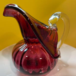 Cranberry Red Vintage Handblown Glass Pitcher Creamer Vase 1960&#39;s with Clear Handle