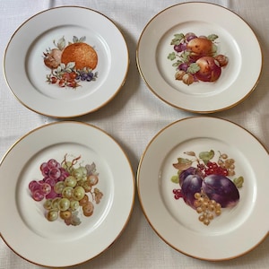 JKW West Germany Fine Porcelain 8.5&quot; Plates - Fruit with Gold Trim Set of 4 Vintage Plates