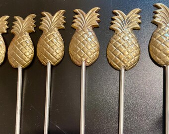 Antique Brass Pineapple Skewers - Set of 6, Vintage, Made in India