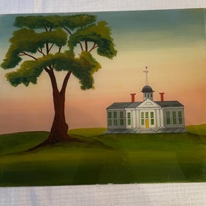 May include: A painted landscape featuring a large tree with green foliage and a brown trunk. A white building with a cupola and red chimneys sits on a green hill. The sky transitions from blue to orange.