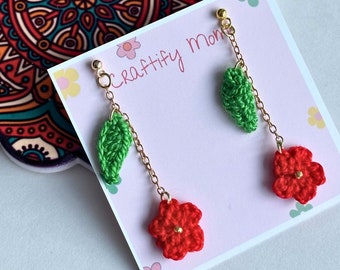 Red Crochet Flower Earrings: Handmade Floral Chain Jewelry